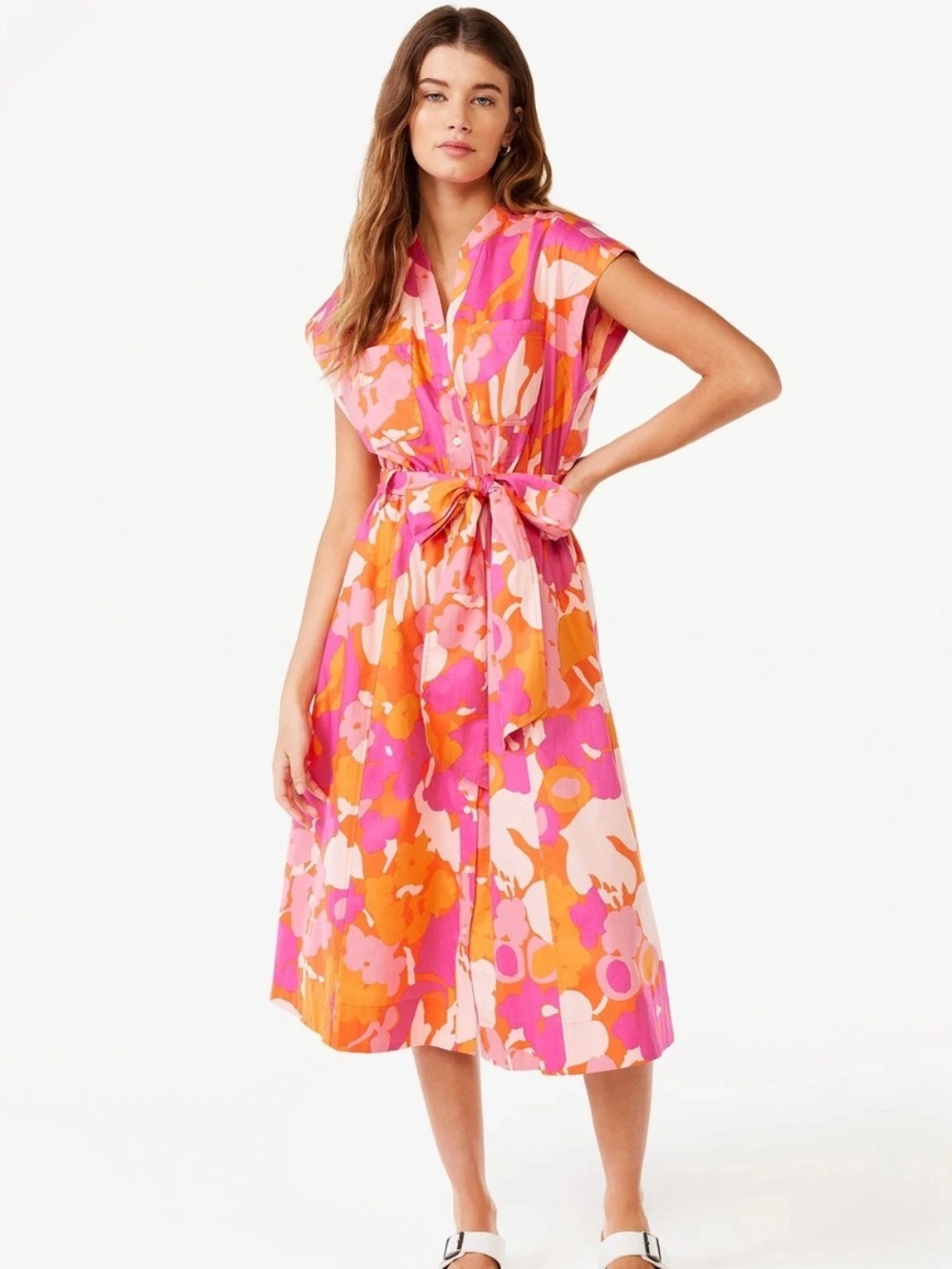 Free Assembly Women's Pink & Orange Floral Tie-Waist Midi Dress